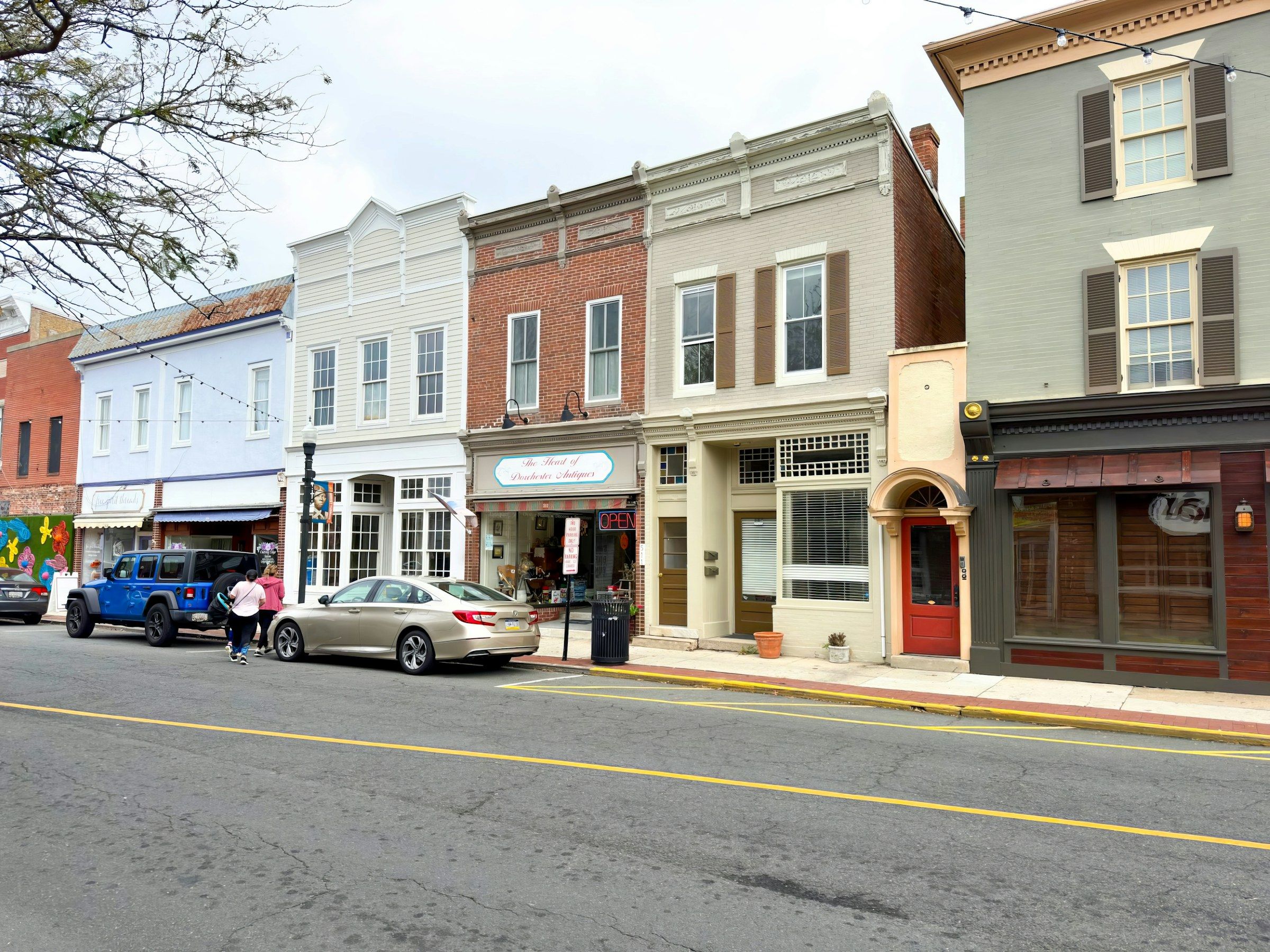 Two-story storefronts along a small-town main street