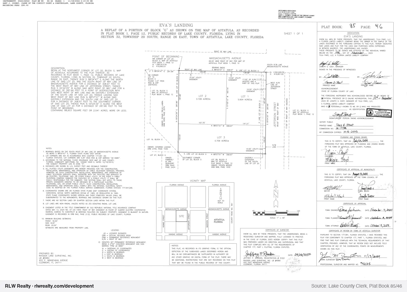 plat for Evas Landing subdivision plat recorded, Astatula