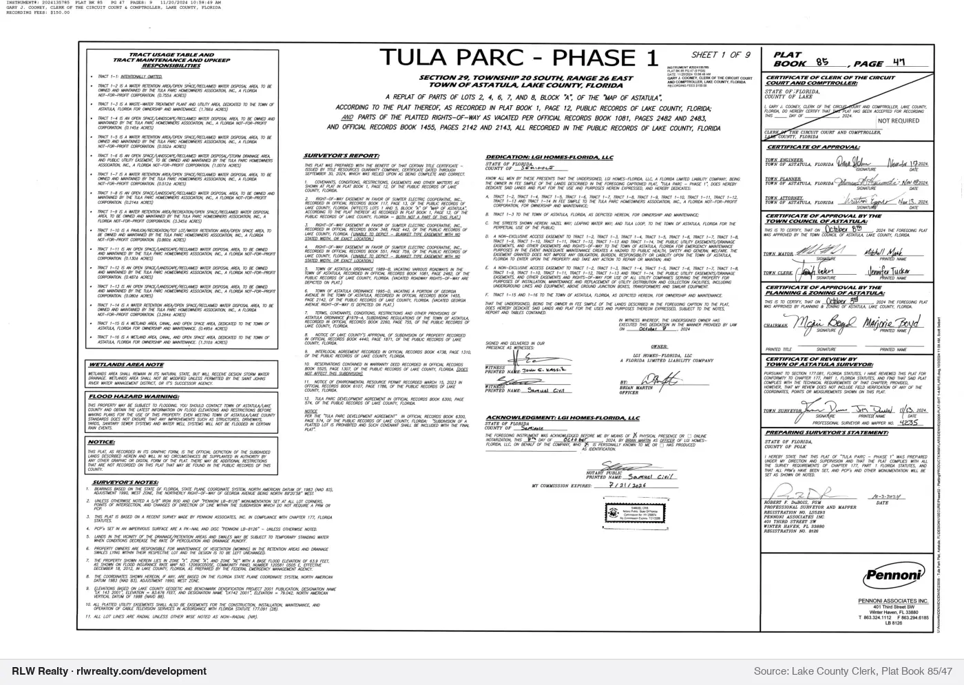 plat for Tula Parc Phase 1 subdivision plat recorded, Astatula