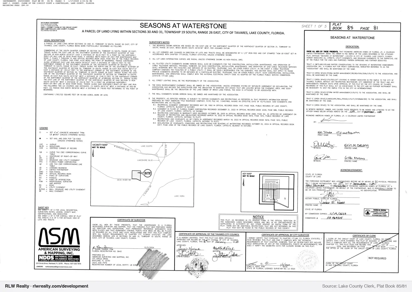 plat for Seasons At Waterstone subdivision plat recorded, Tavares