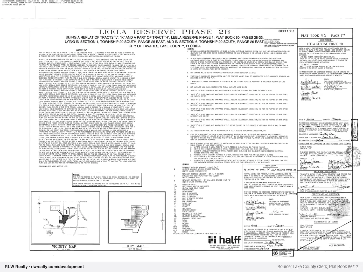 plat for Leela Reserve Phase 2B subdivision plat recorded, Tavares