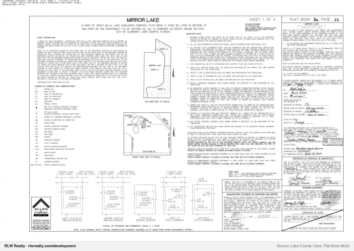plat for Mirror Lake subdivision plat recorded, Fruitland Park