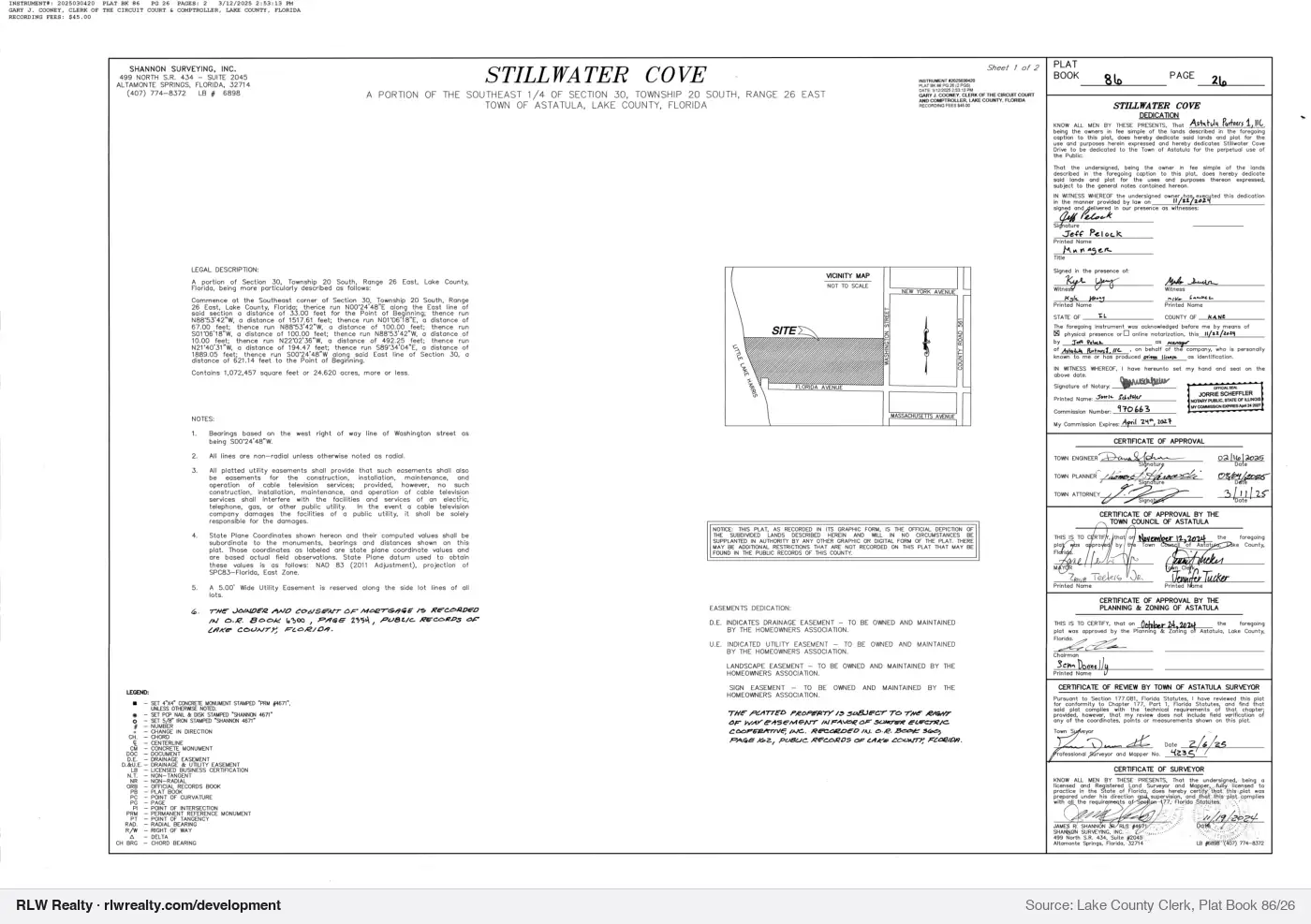 plat for Stillwater Cove subdivision plat recorded, Astatula