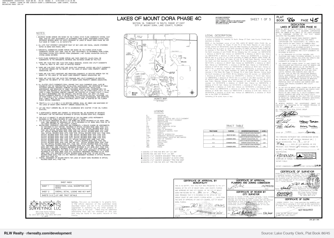 plat for Lakes Of Mount Dora Phase 4C subdivision plat recorded, Mount Dora