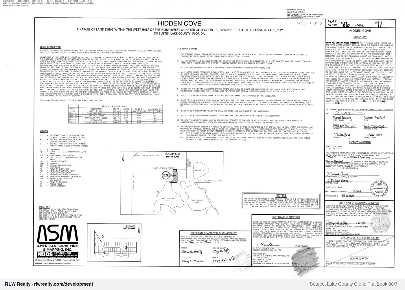 plat for Hidden Cove subdivision plat recorded, Tavares