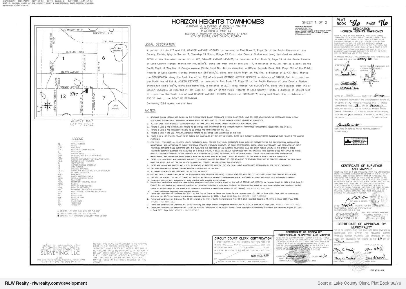 plat for Horizon Heights Townhomes subdivision plat recorded, Eustis