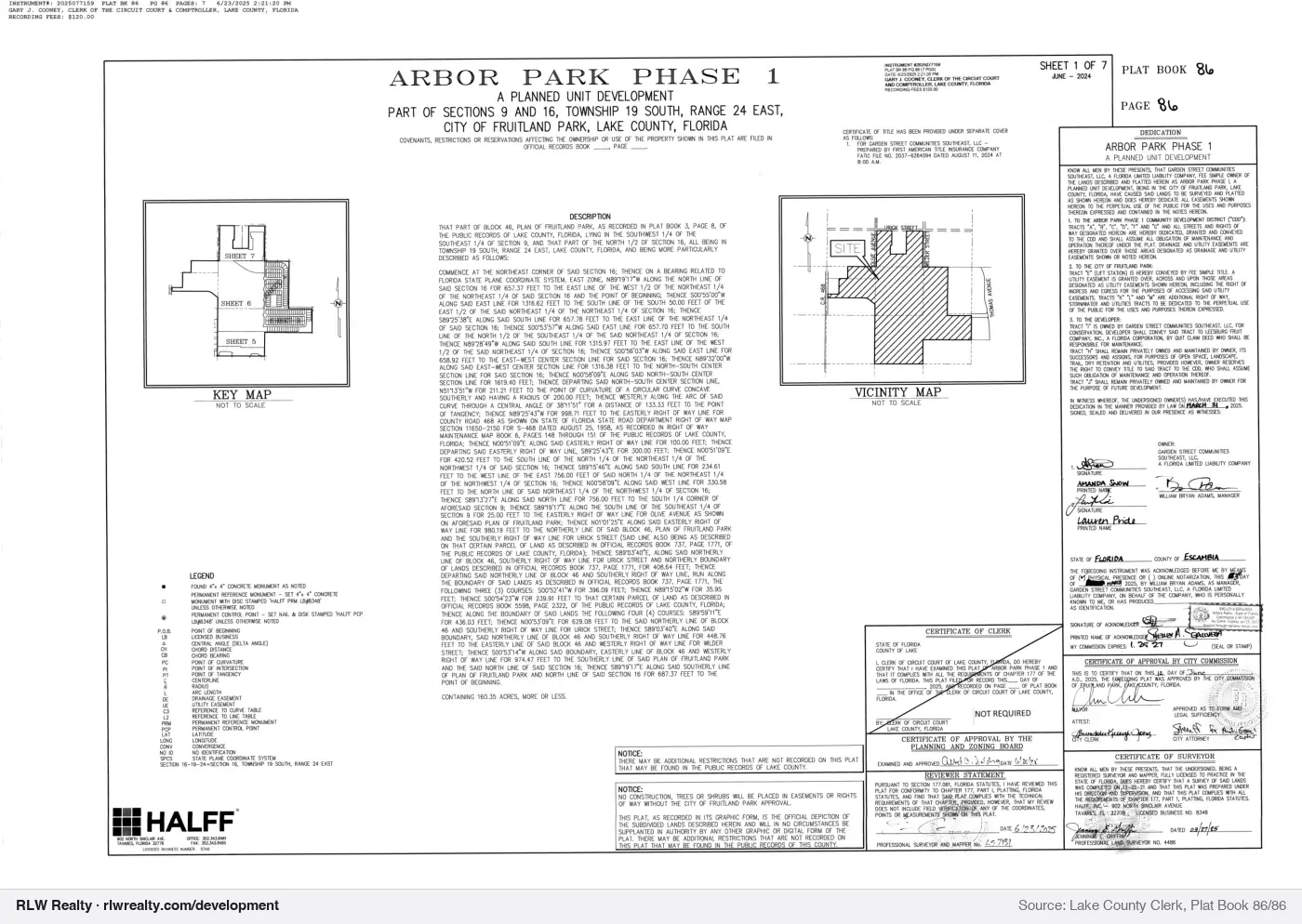 plat for Arbor Park Phase 1 subdivision plat recorded, Fruitland Park