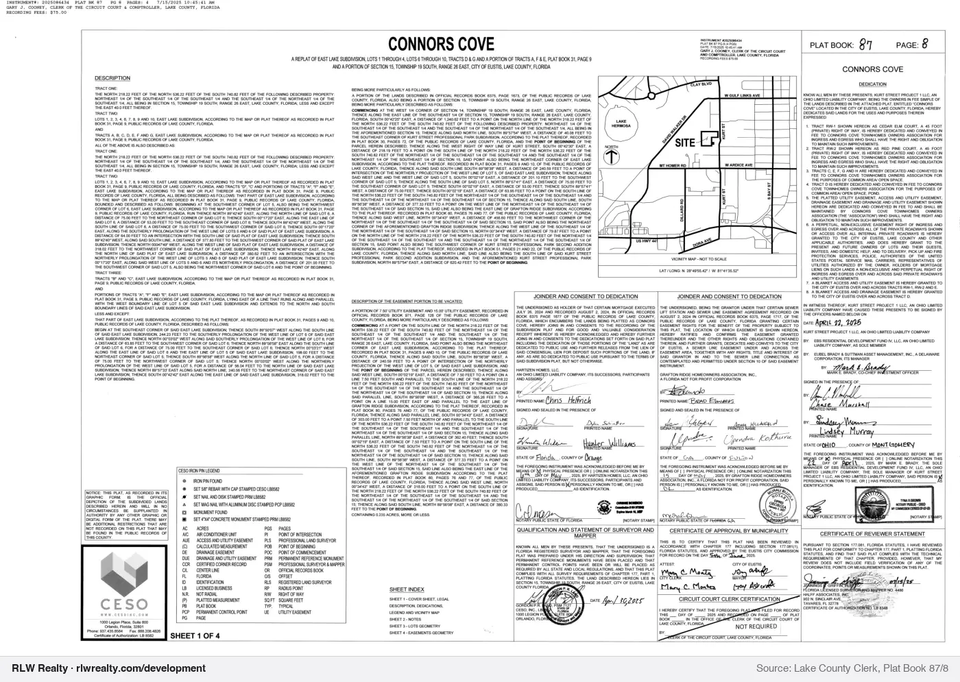 plat for Connors Cove subdivision plat recorded, Eustis