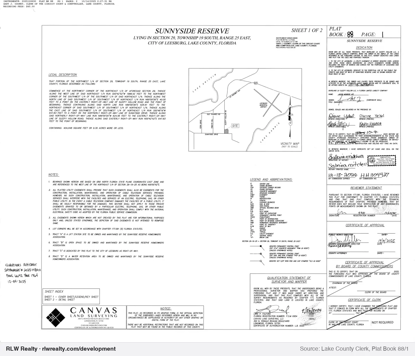 plat for Sunnyside Reserve subdivision plat recorded, Leesburg