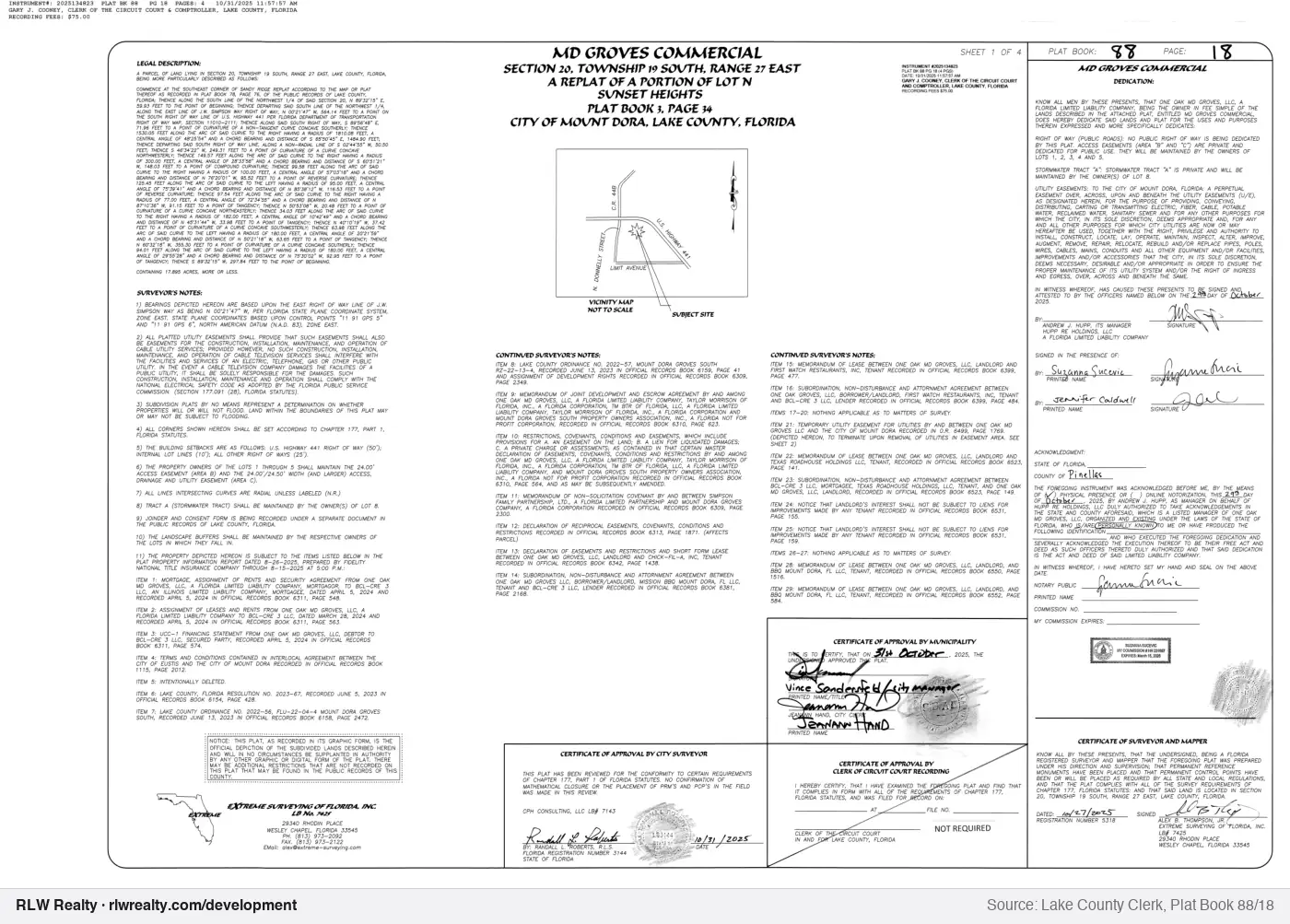 plat for Md Groves Commercial subdivision plat recorded, Mount Dora