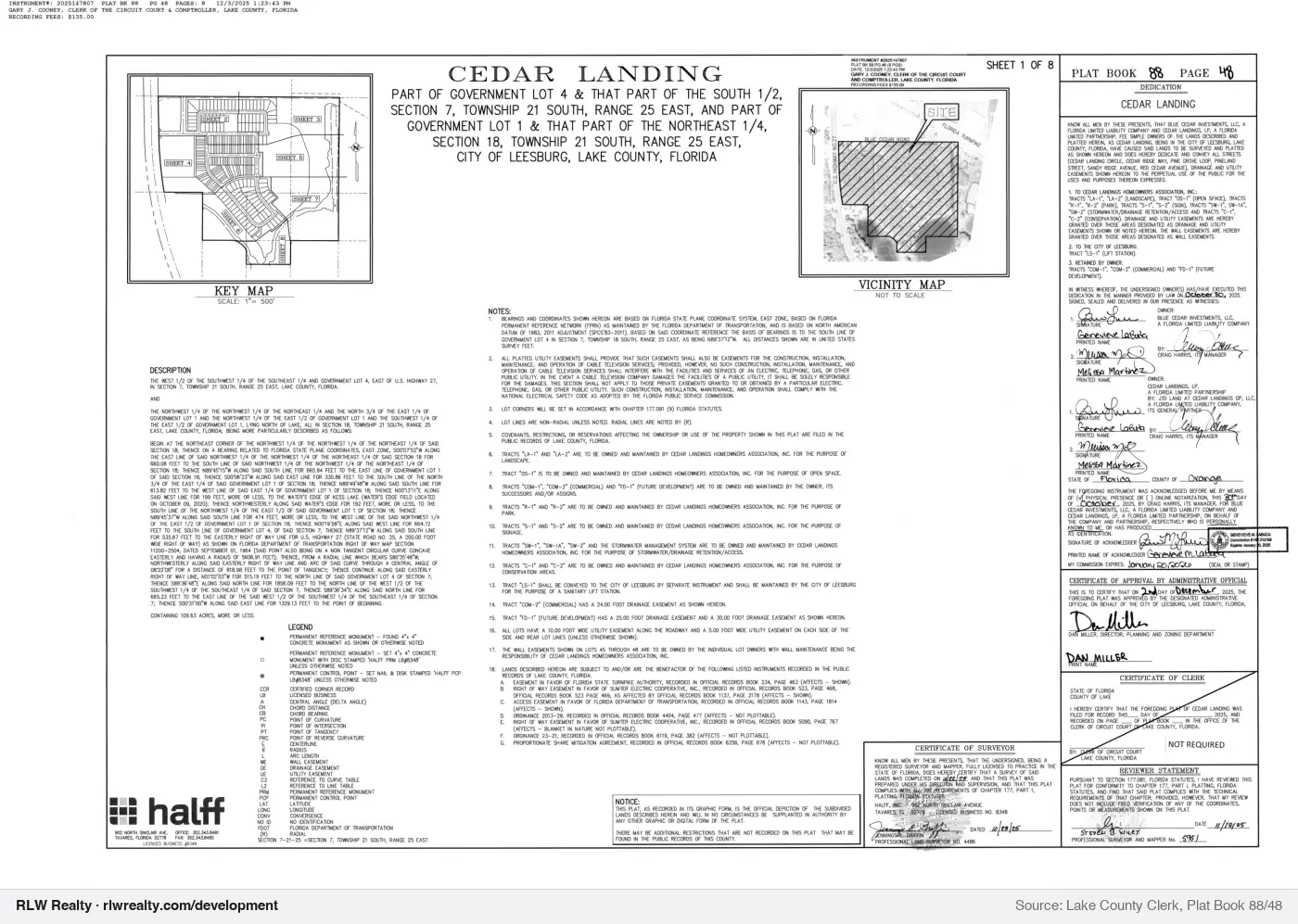 plat for Cedar Landing subdivision plat recorded, Yalaha