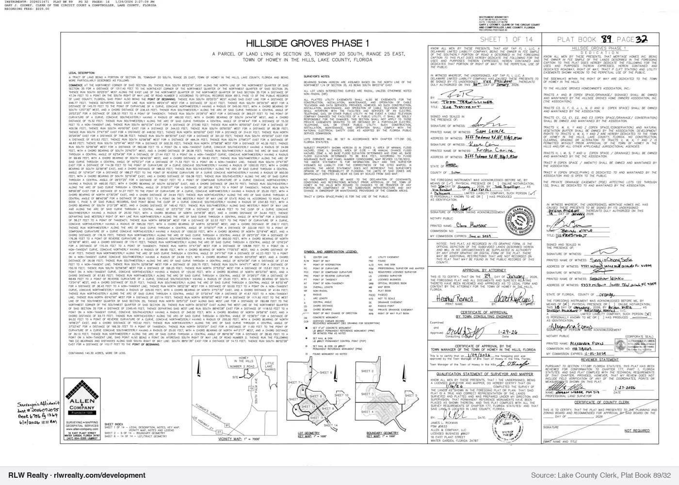 plat for Hillside Groves Phase 1 subdivision plat recorded, Howey-in-the-Hills