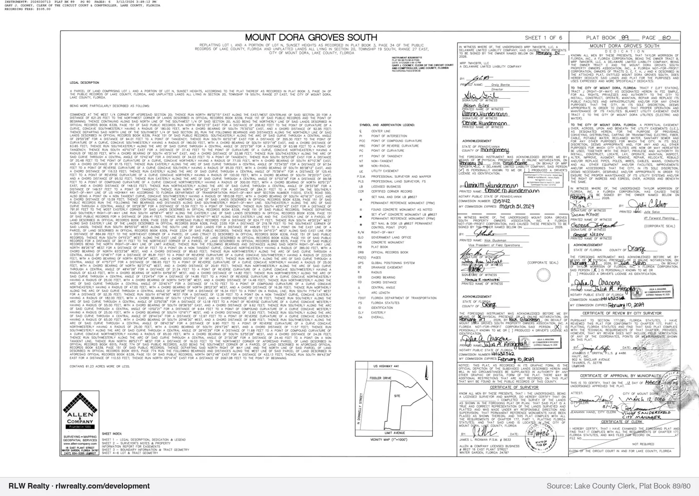 plat for Mount Dora Groves South subdivision plat recorded, Mount Dora