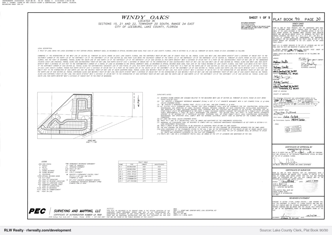 plat for Windy Oaks subdivision plat recorded, Okahumpka