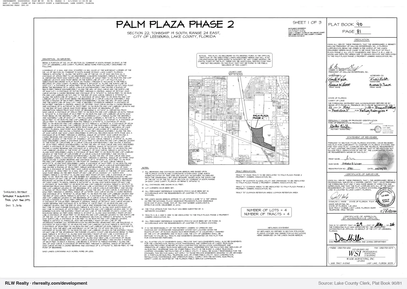 plat for Palm Plaza Phase 2 subdivision plat recorded, Leesburg