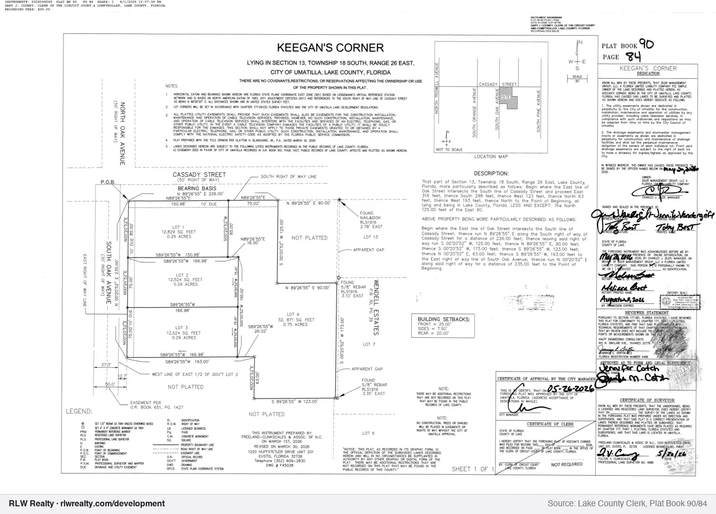 plat for Keegans Corner subdivision plat recorded, Umatilla