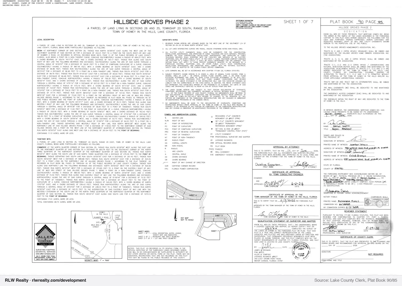 plat for Hillside Groves Phase 2 subdivision plat recorded, Howey-in-the-Hills
