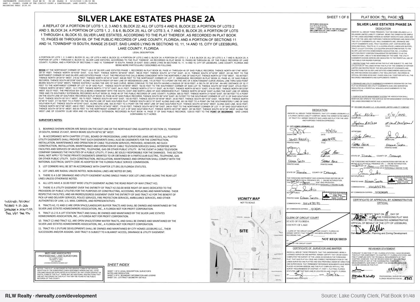 plat for Silver Lake Estates Phase 2A subdivision plat recorded, Leesburg