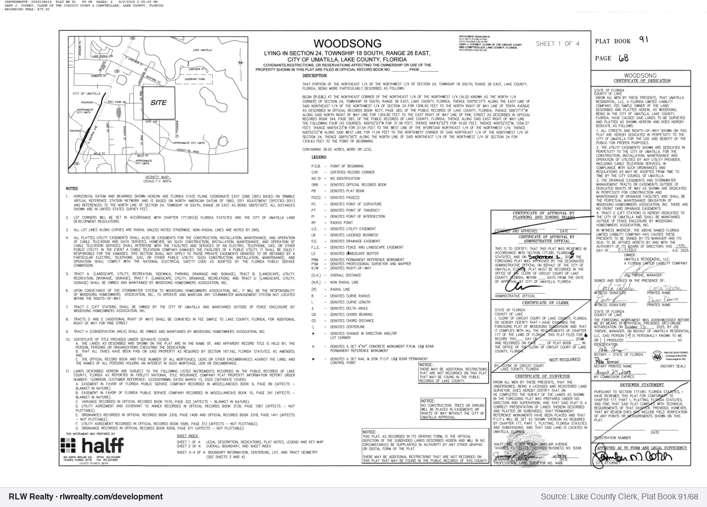 plat for Woodsong subdivision plat recorded, Umatilla