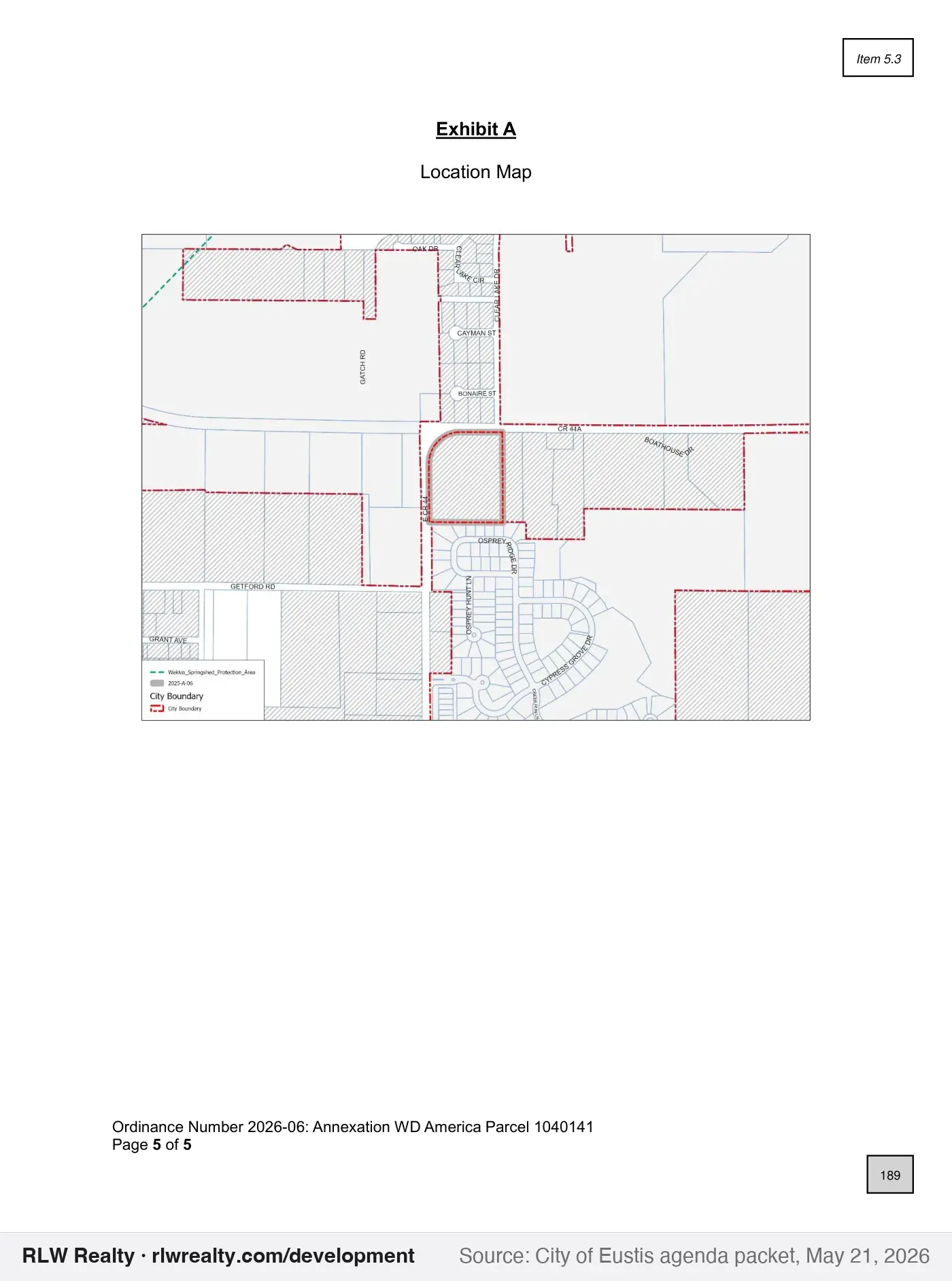 location map for Annexing 10 acres at CR 44 and CR 44A into Eustis