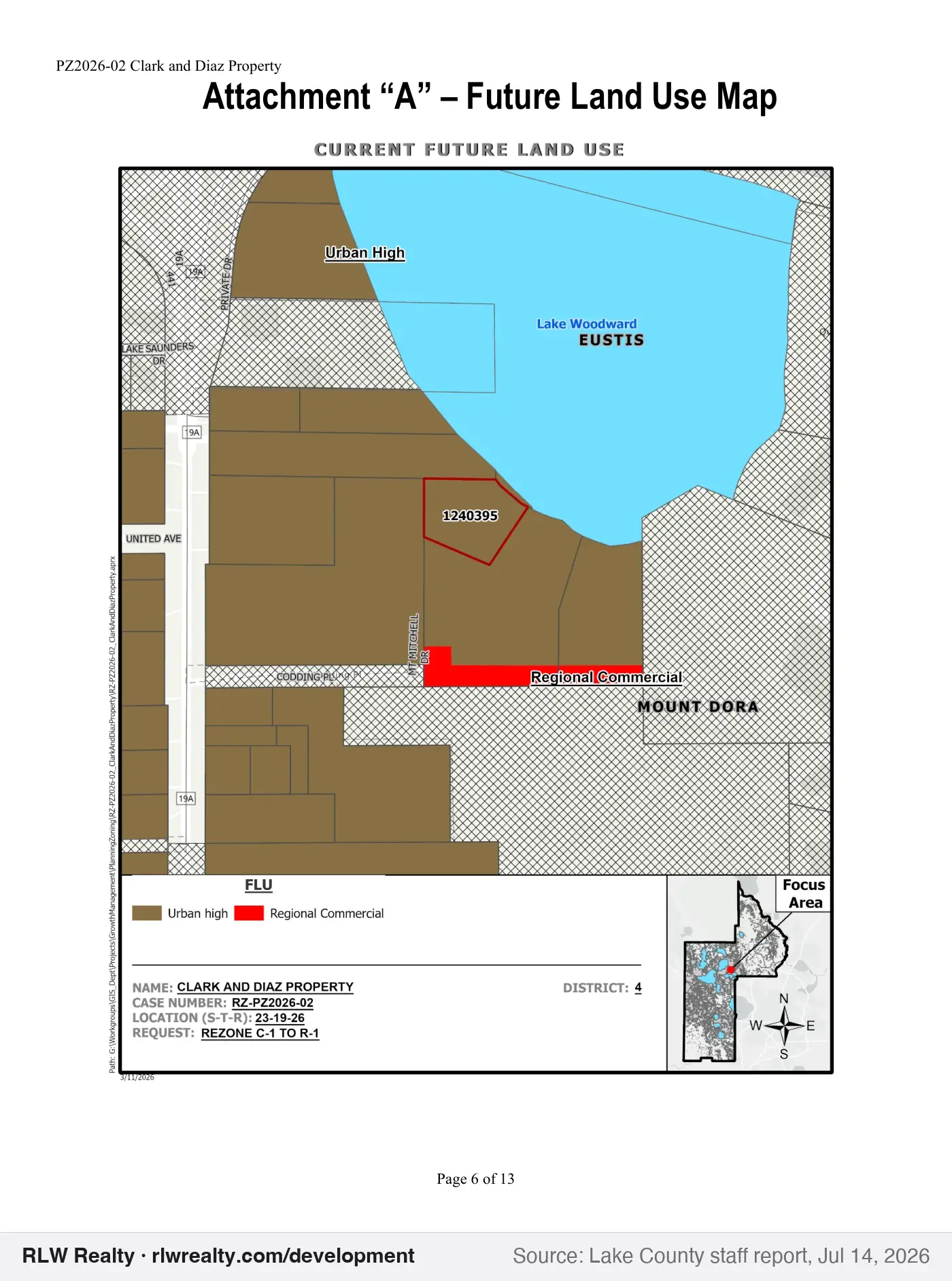 location map for Rezoning 0.74 acres from commercial to residential near Mount Dora