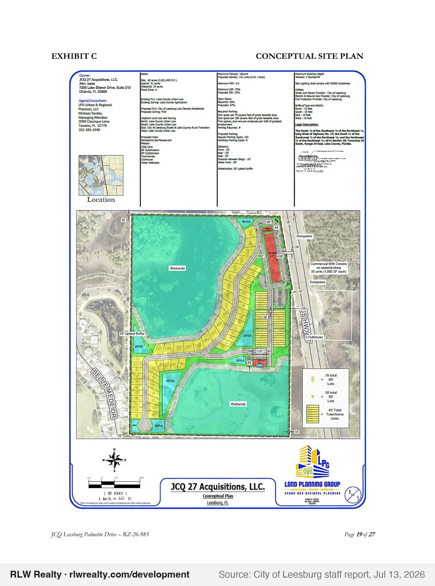 site plan for PUD for 131 homes and 38,000 sq ft commercial on US 27